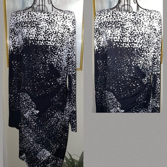 AMERICAN LIVING BLACK & WHITE SILKY KNIT SHEATH DRESS~BOAT NECKLINE~RUCHING~16 - Picture 7 of 7